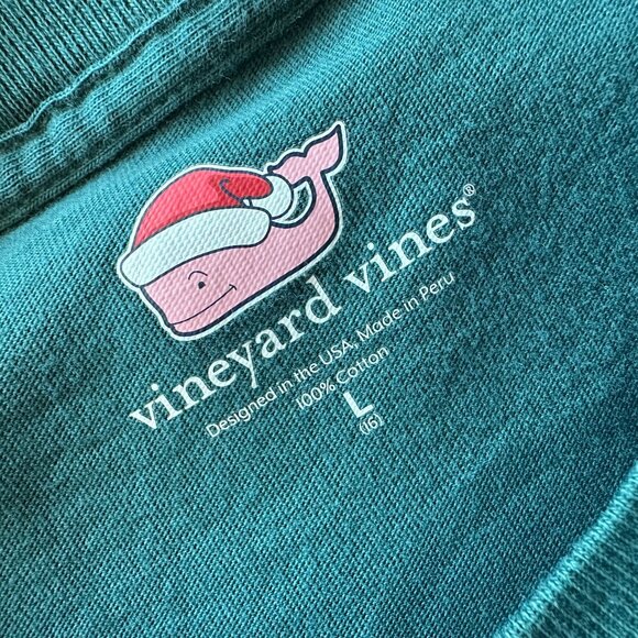 Vineyard Vines Youth Large Shirt Christmas Santa Whale Logo Pocket Green Tee - Picture 4 of 4